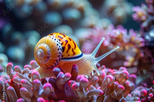 Vibrant Babylonia Spirata Snail Crawling on Colorful Coral in Saltwater Aquarium photo
