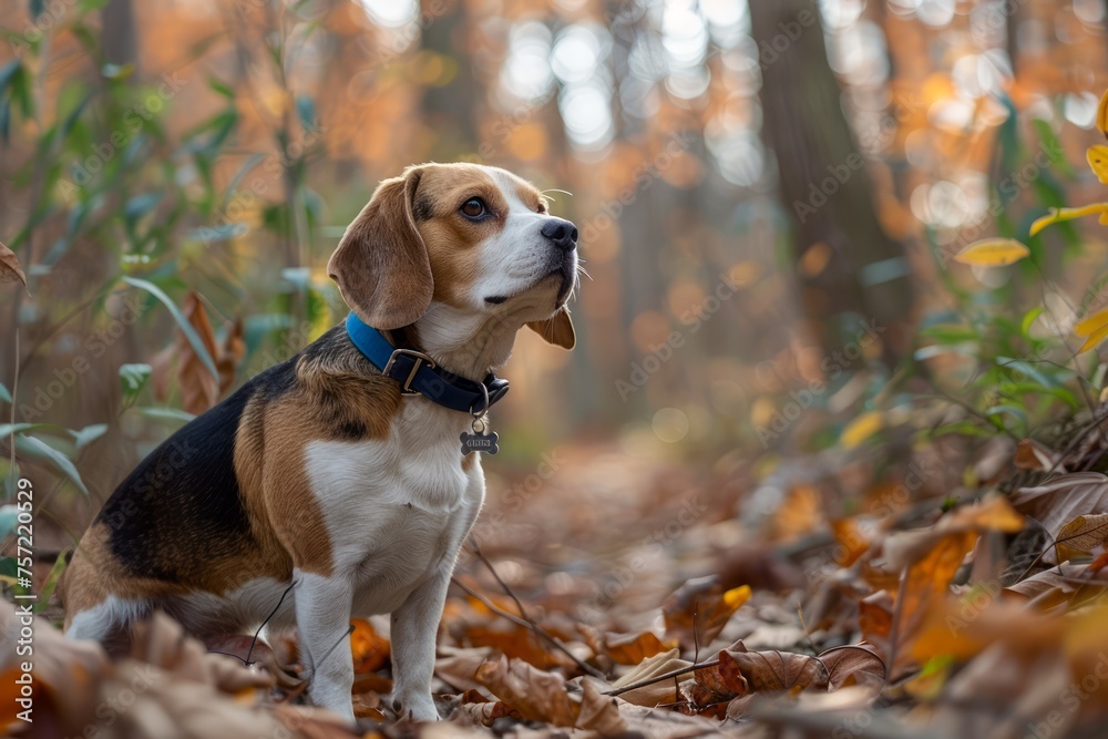 Adorable Beagle Dog Wearing Collar Standing Among Autumn Leaves in Forest