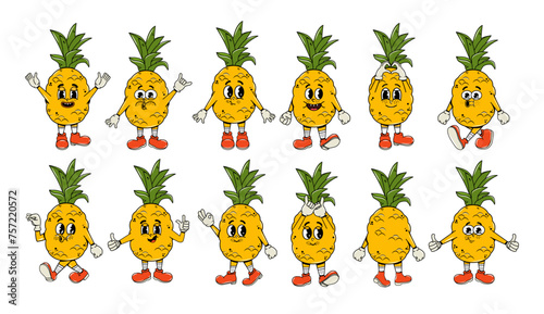 Set of characters with arms and legs in different poses in psychedelic groovy style. Pineapple fruit hippie 70s sticker pack. Trendy elements for banners, posters. Food and berries. Collection icons