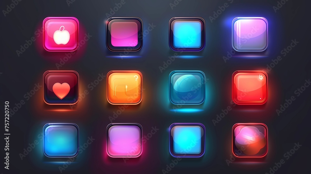 Colorful app icons set and glossy buttons Generative AI illustrations