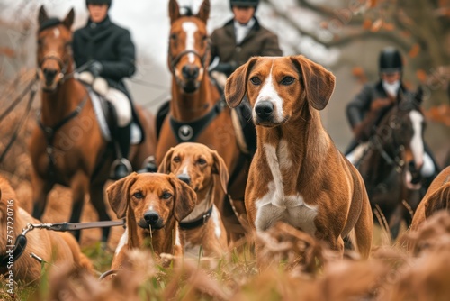 Traditional Fox Hunt Scene with Elegant Horse Riders and Hounds in the Countryside photo