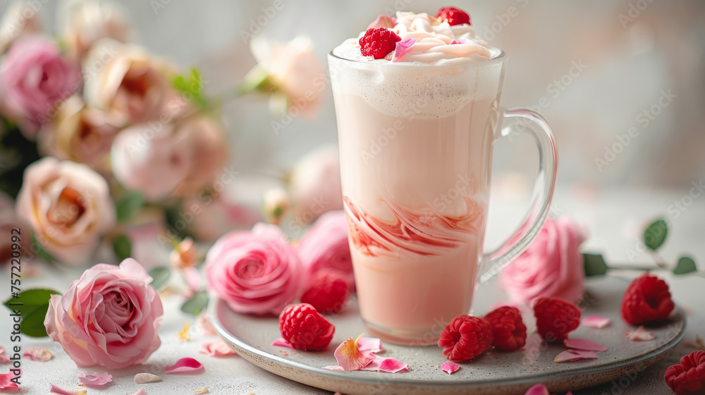 A visually appealing raspberry rose latte surrounded by pink roses and petals, evoking a cozy, romantic ambiance A visually appealing raspberry rose latte surrounded by pink roses and petals, evoking a cozy, romantic ambiance