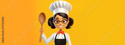 3D cartoon character of a female chef, holding a wooden spoon, looking at camera. On a yellow and orange background with copy space. Generative Ai.