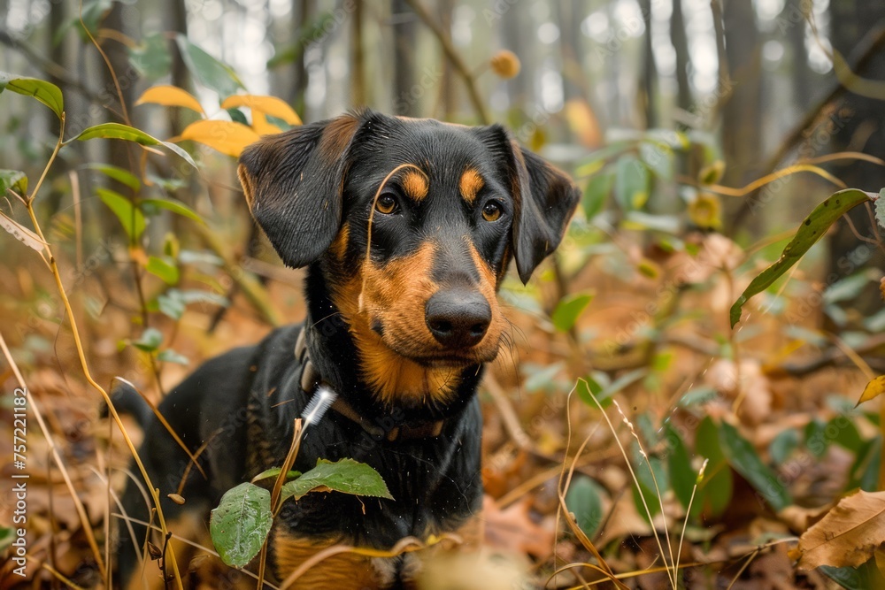 Black and Tan Dog Sitting Among Autumn Leaves in Forest Scene with Misty Atmosphere Black and Tan Dog Sitting Among Autumn Leaves in Forest Scene with Misty Atmosphere