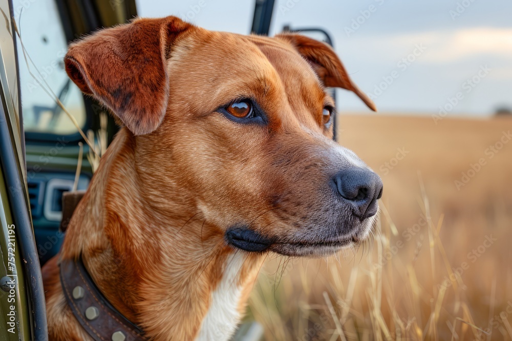 Alert Brown Dog with Collar Gazing into Distance from Vehicle in Picturesque Grassland