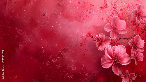 abstract red background with pink colored flowers