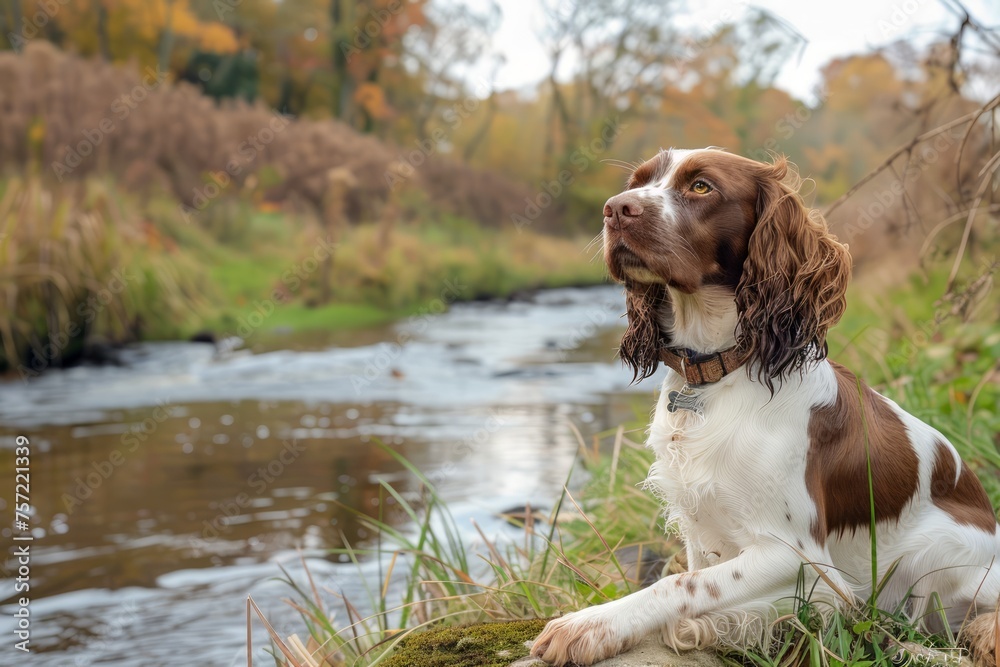 Serene English Springer Spaniel Sitting by a Tranquil Stream in Autumn Countryside Landscape Serene English Springer Spaniel Sitting by a Tranquil Stream in Autumn Countryside Landscape