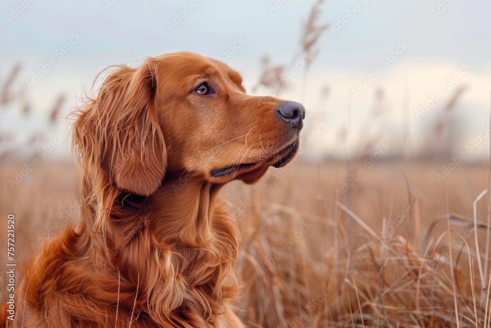 Elegant Golden Retriever Dog Sitting in Golden Field at Sunset, Portrait of Loyal Pet in Nature