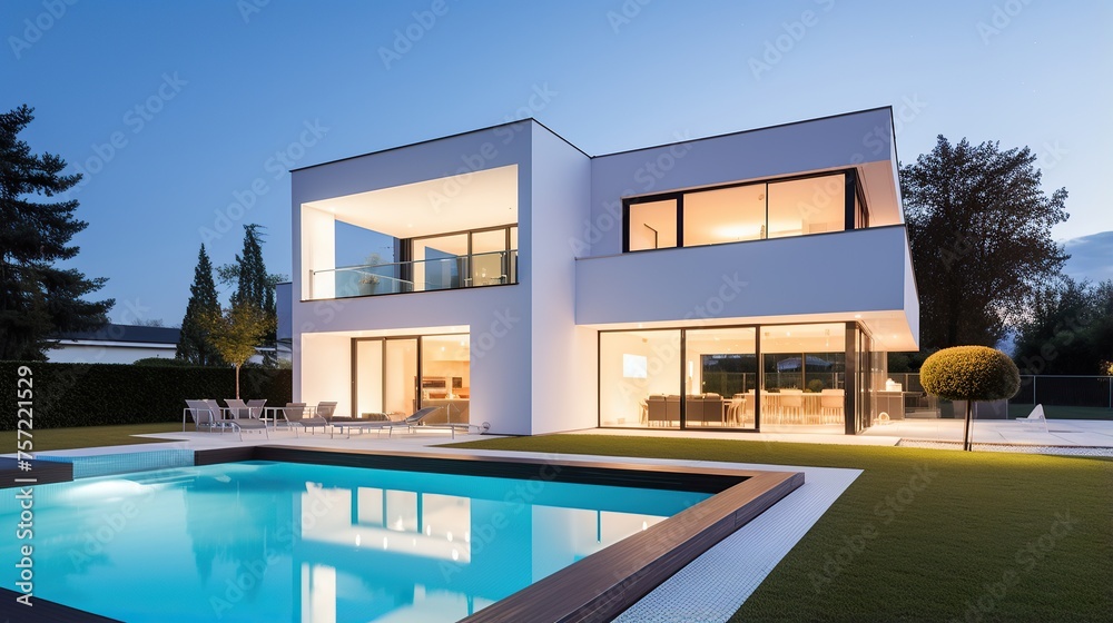 a luxurious modern white villa with pool