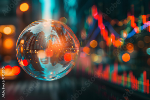 Stock market bubble. A large bubble in front of a stock market trading graph
