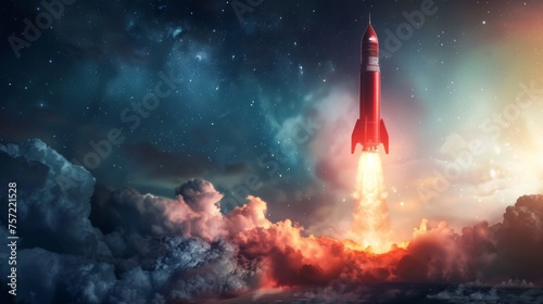 A red rocket is seen flying swiftly through the sky, leaving behind a trail of smoke. The rocket is ascending with great speed and power, symbolizing innovation and exploration.