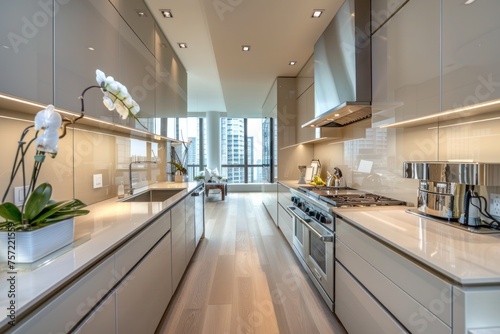 Modern Galley kitchen, with a sleek design, in a Beige color.	