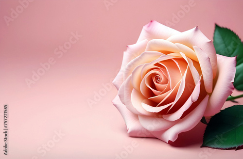 Pastel pink white rose flower and leaves on pastel background.  Horizontal illustration for banner, greeting card, invitation. Women's Day, Valentine's Day, wedding.