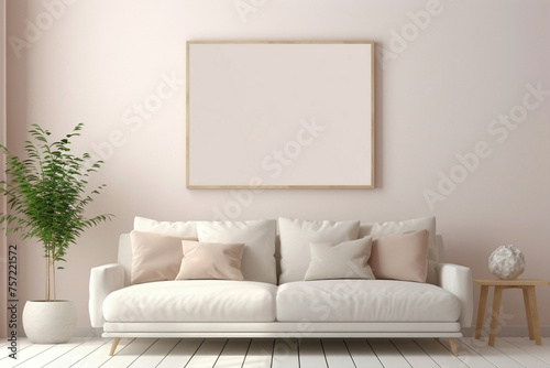 Envision the tranquility of a beige and Scandinavian sofa with a white blank empty frame for copy text, against a soft color wall background.