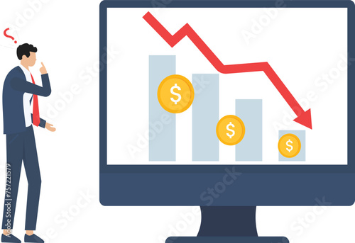 Accountant announces bankruptcy. Frustrated businessman investor kneeling. Economic problems, global crisis and devaluation. Unhappy business people. Stock market crash on monitor screen

