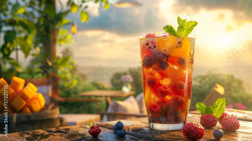 Refreshing iced fruit tea with summer berries set against a serene sunset background, evoking peacefulness