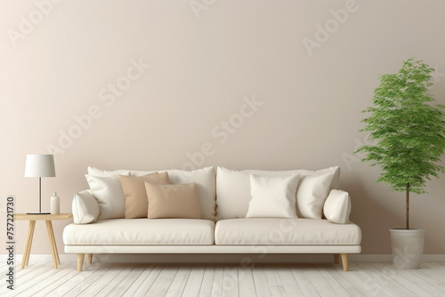 Envision the simplicity of a beige and Scandinavian sofa alongside a white blank empty frame for copy text, against a soft color wall background. photo