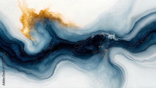 Abstract concepts, canvas, soft art, contrast of geode dark blue, light blue ,long colors to the right elongating upward like a long lily flower split, with a soft gold flame at the top