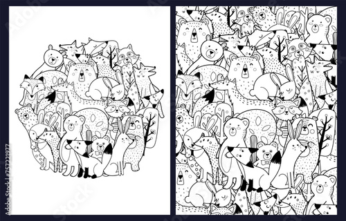 Doodle forest animals coloring pages set. Black and white templates bundle with cute woodland characters. Outline background. Vector illustration