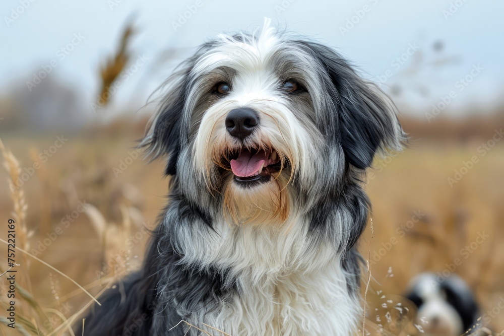 Happy Fluffy Bearded Collie Dog with Tongue Out in Autumn Wheat Field Happy Fluffy Bearded Collie Dog with Tongue Out in Autumn Wheat Field