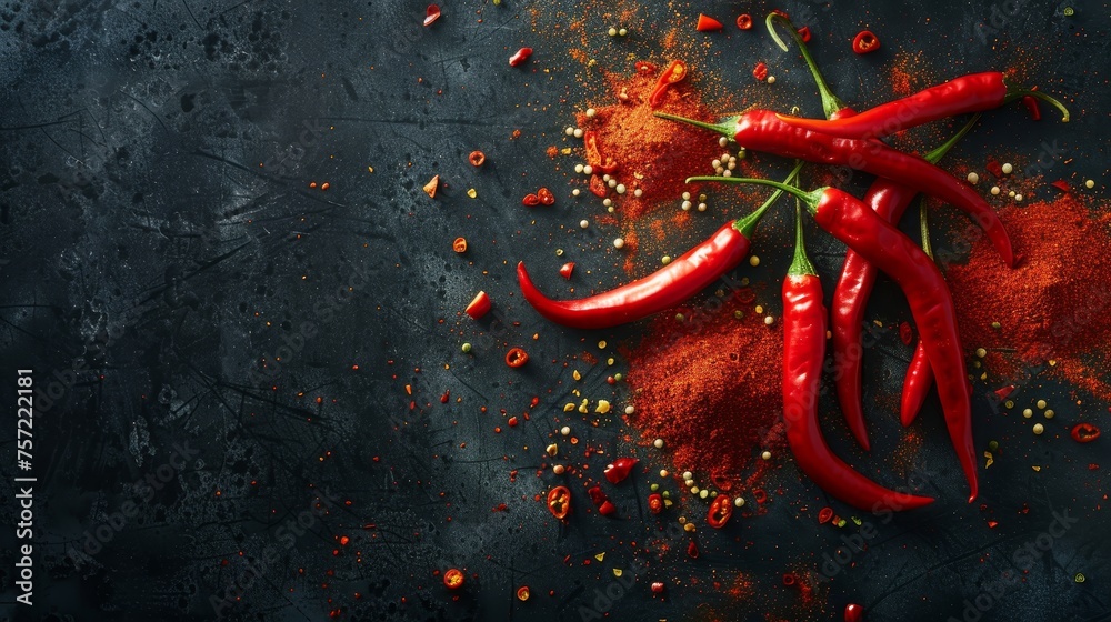 Raw chili peppers on dark background, Food photography - obrazy, fototapety, plakaty 