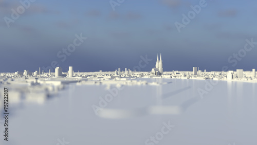 White 3D city model of Cologne. Daylight with dark sky in the distance.