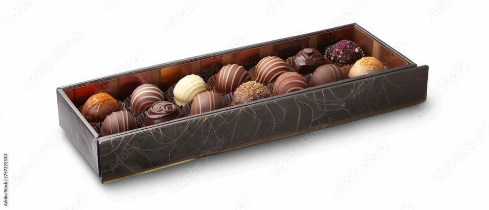A box of chocolates placed on top of a white table, showcasing a sweet treat awaiting consumption. A box of chocolates placed on top of a white table, showcasing a sweet treat awaiting consumption.
