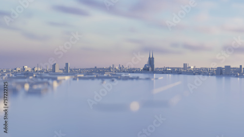 White 3D city model of Cologne. A light evening mood with a few clouds in the sky.