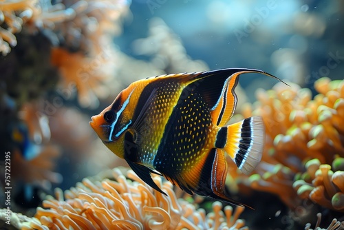 Vibrant Angel Fish Swimming Gracefully near Colorful Coral Reef in Underwater Ecosystem, Exotic Marine Life Scene © pisan