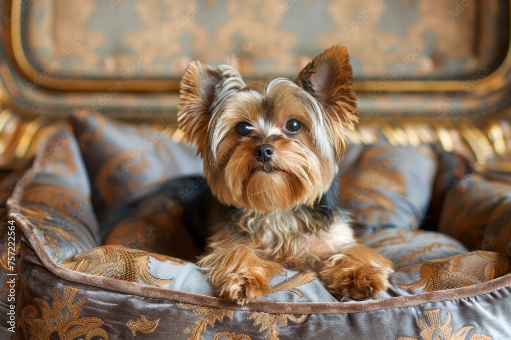Adorable Yorkshire Terrier Sitting on Elegant Patterned Sofa with Classic Interior Background Adorable Yorkshire Terrier Sitting on Elegant Patterned Sofa with Classic Interior Background