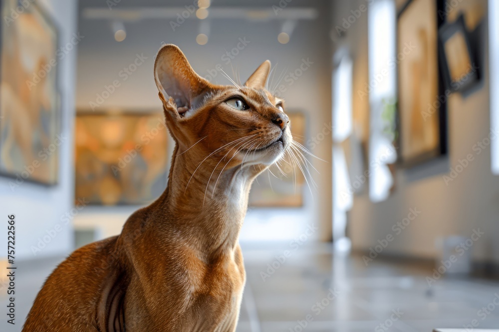 Elegant Abyssinian Cat Posing in Art Gallery Interior with Paintings and Abstract Art Elegant Abyssinian Cat Posing in Art Gallery Interior with Paintings and Abstract Art