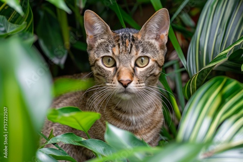 Attentive Tabby Cat Hiding Among Lush Green Leaves in a Natural Domestic Garden Setting photo