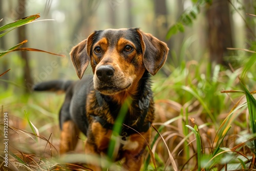 Domestic canine exploring the lush green forest, curiously gazing amid tall grass - Portrait of an adorable mixed breed dog on an outdoor adventure. © pisan