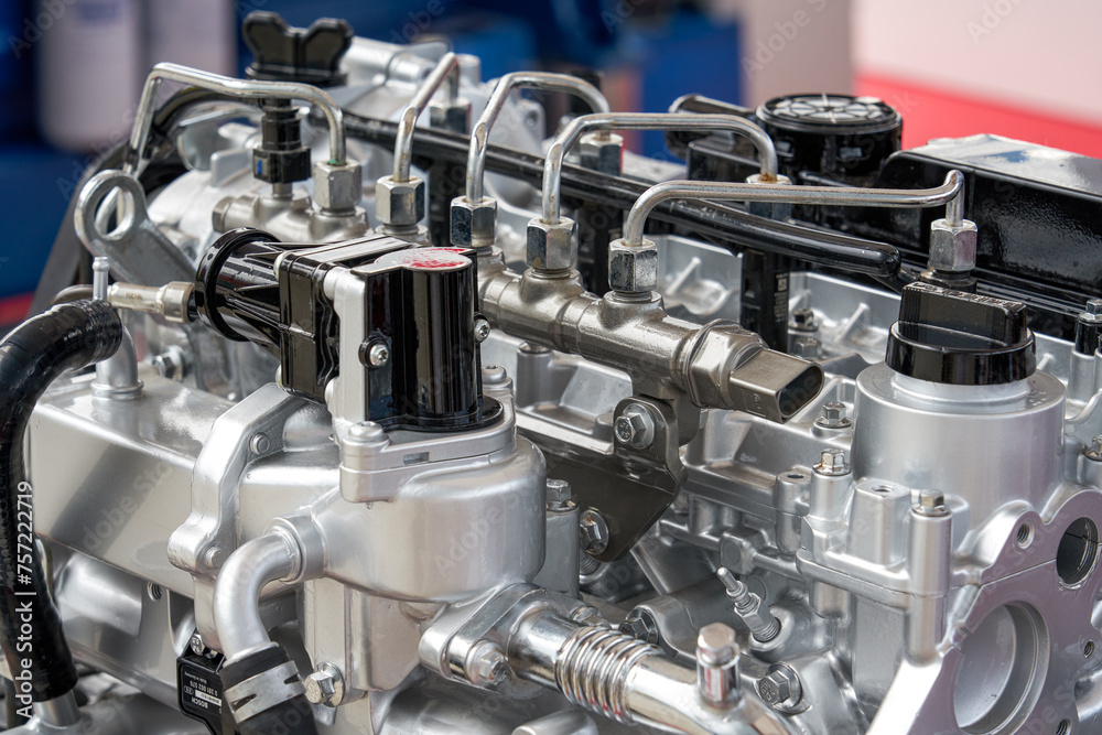 Close-up of a new complex automotive internal combustion engine Close-up of a new complex automotive internal combustion engine