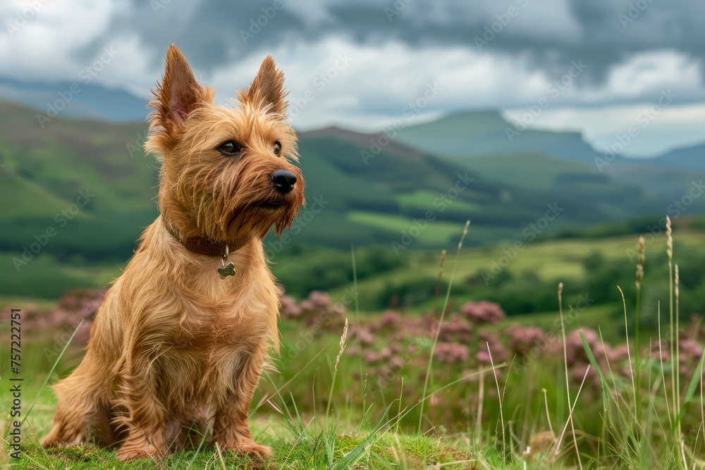 Majestic Australian Terrier Dog Sitting in Lush Green Highlands with Overcast Sky