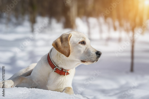 Young labrador observing winter grounds in the nature..