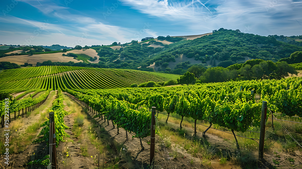 A picturesque vineyard nestled in rolling hills, with rows of lush grapevines stretching as far as the eye can see
