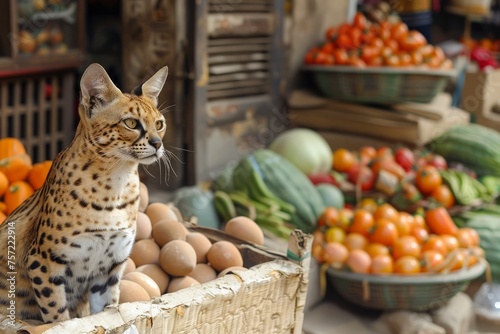 Exotic Serval Cat Surveying Fresh Market Produce Amidst Fruits and Vegetables Display photo