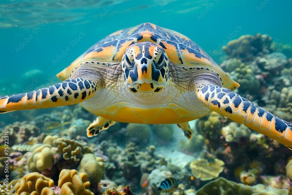 Majestic Sea Turtle Swimming Gracefully Over Coral Reef in Clear Blue Ocean Water Majestic Sea Turtle Swimming Gracefully Over Coral Reef in Clear Blue Ocean Water