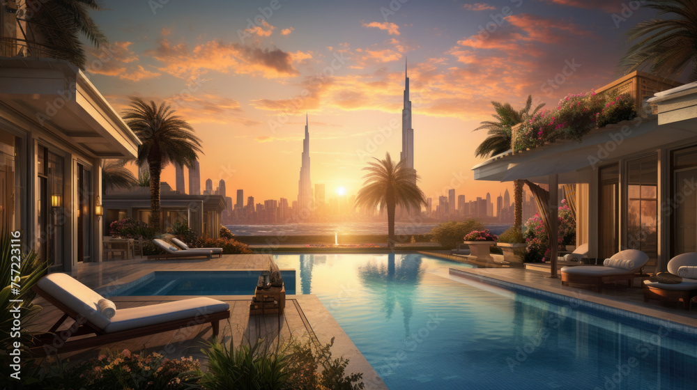 Fototapeta premium Modern and luxurious bedroom with white ceiling and wood accents with views of tall building and downtown Dubai skyline.