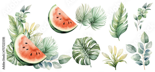 Watercolor tropical bouquet with watermelon and palm leaves illustration