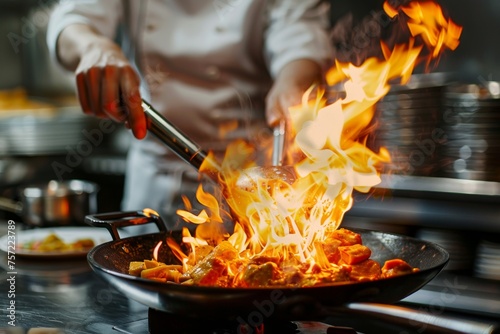 Close-up Professional chef hands cook food with fire in kitchen at restaurant.