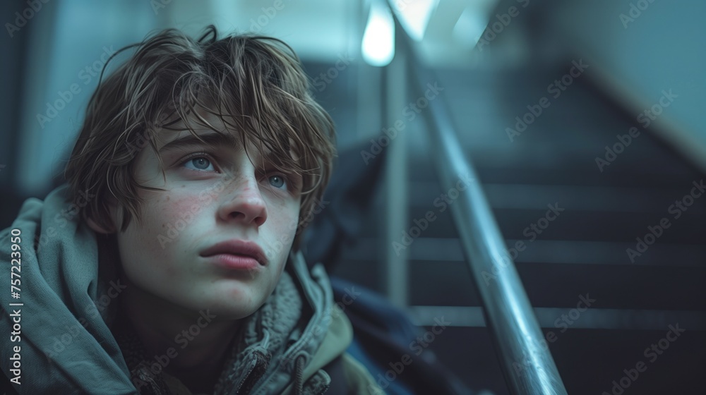 Depressed boy sitting alone at school stairs, Victim of school bullying, Stress and mental problems in childhood, teenager depression theme Depressed boy sitting alone at school stairs, Victim of school bullying, Stress and mental problems in childhood, teenager depression theme