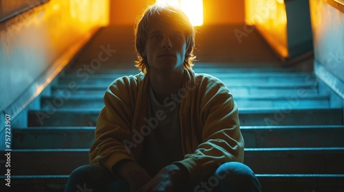 Depressed boy sitting alone at school stairs, Victim of school bullying, Stress and mental problems in childhood, teenager depression theme photo