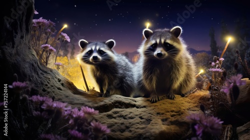 family of playful raccoons foraging under the stars, emphasizing their nocturnal behaviors photo