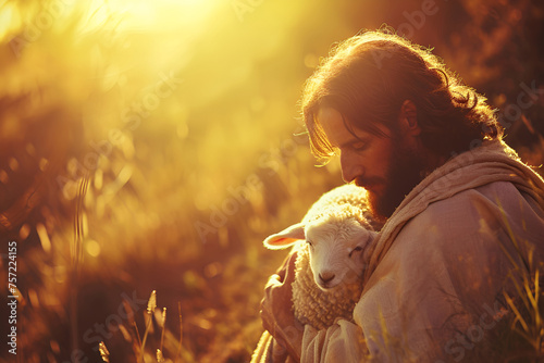 At sunset, Jesus Christ embraces a lamb in his arms, radiating warmth and compassion