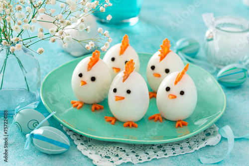 Funny eggs chicks. Easter idea for festive dinner