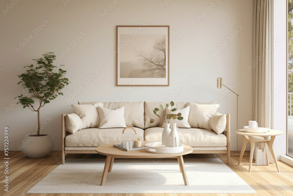 Elegant white frame harmonizes with beige and Scandinavian elements, offering a glimpse of a modern living room with plain walls, wooden floor, and a touch of greenery. Elegant white frame harmonizes with beige and Scandinavian elements, offering a glimpse of a modern living room with plain walls, wooden floor, and a touch of greenery.
