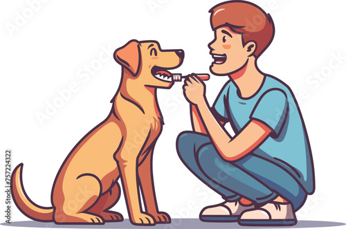 Man brushing teeth his dog. Canine dental care and hygiene. Maintaining healthy dog teeth and gums. Simple flat vector illustration.
