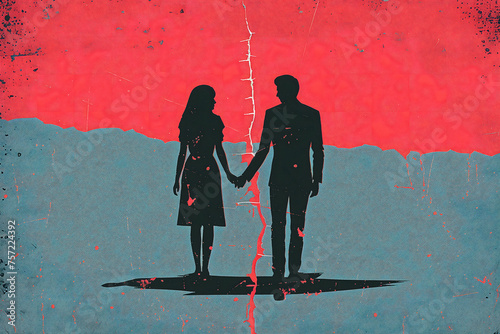 Couple Illustration On Torn Paper, Divorce or Family Crisis Abstract Concept, Break Up photo